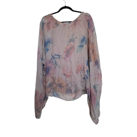 H TREND Italy Silk Floral Print Oversized Dolman Sleeve Blouse Taupe One Size - Picture 3 of 7